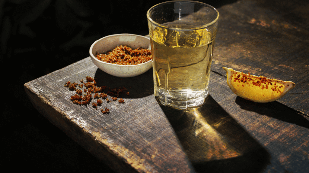 Mezcal artesanal de Oaxaca servido.